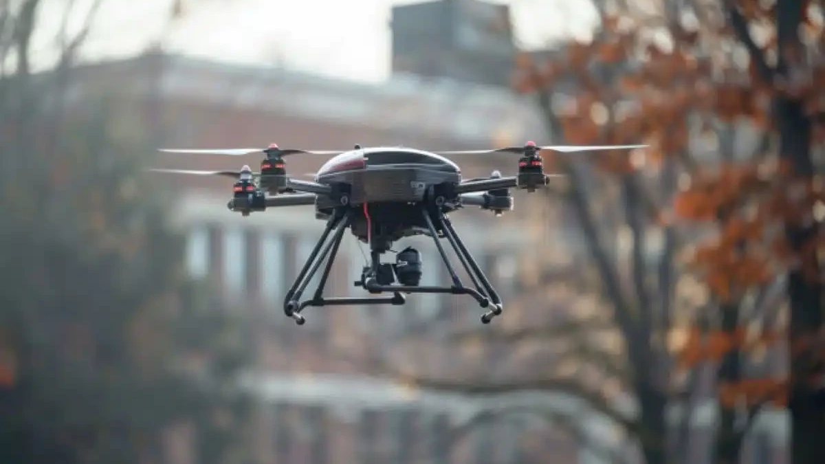 A small quadcopter drone hovering in front of a blurred brick building and autumn trees.