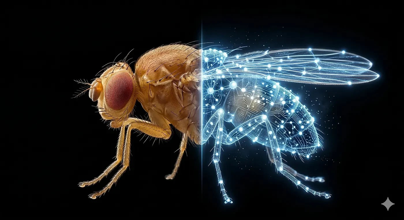 A fruit fly shown in profile, the left half photographic and the right half rendered as a glowing digital network of points and lines.